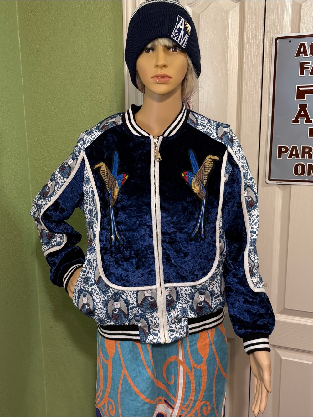 Velvet Embroidered Bird Bomber Jacket - Navy